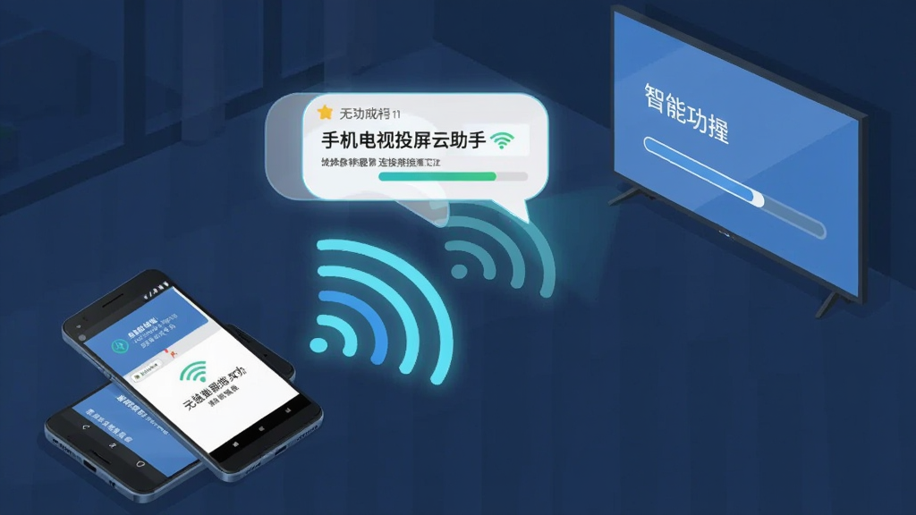 手机电视投屏云助手无线连接功能展示图,主体为一部安卓手机与一台智能电视,布局采用对角线构图,手机位于左下角,电视位于右上角,中间用发光的无线信号波纹连接,排版突出连接成功的提示气泡,风格为清爽的扁平插画风,细节包含设备名称标签、信号强度图标、连接进度条,画质干净清晰,无多余元素
