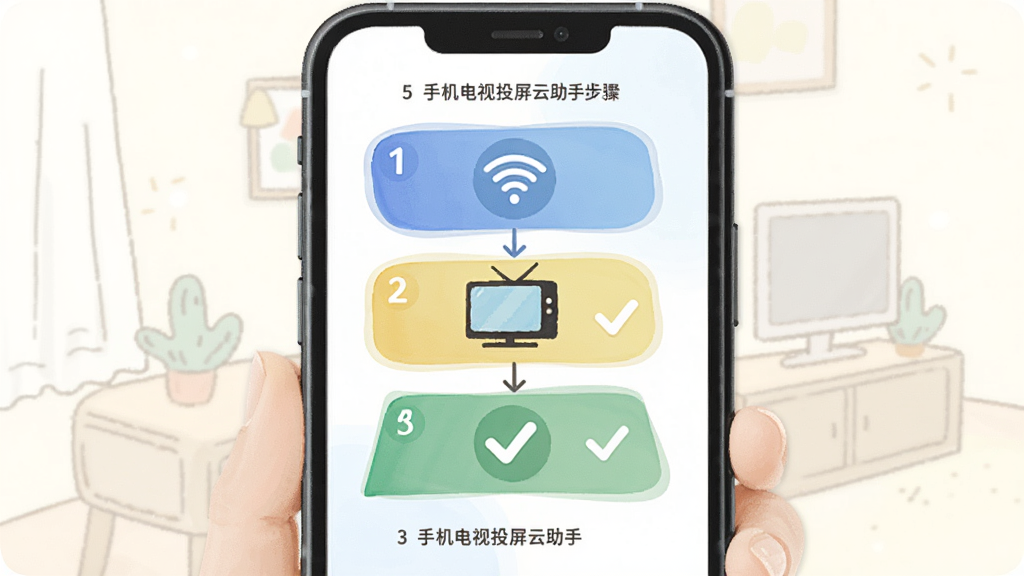 手机电视投屏云助手新手操作示意图,主体为手机屏幕显示投屏连接步骤的引导页面,布局为纵向步骤条排版,风格为友好清新的插画风,细节包含Wi-Fi图标、电视图标、勾选标记、步骤序号文字,画质清晰,干净,无多余元素