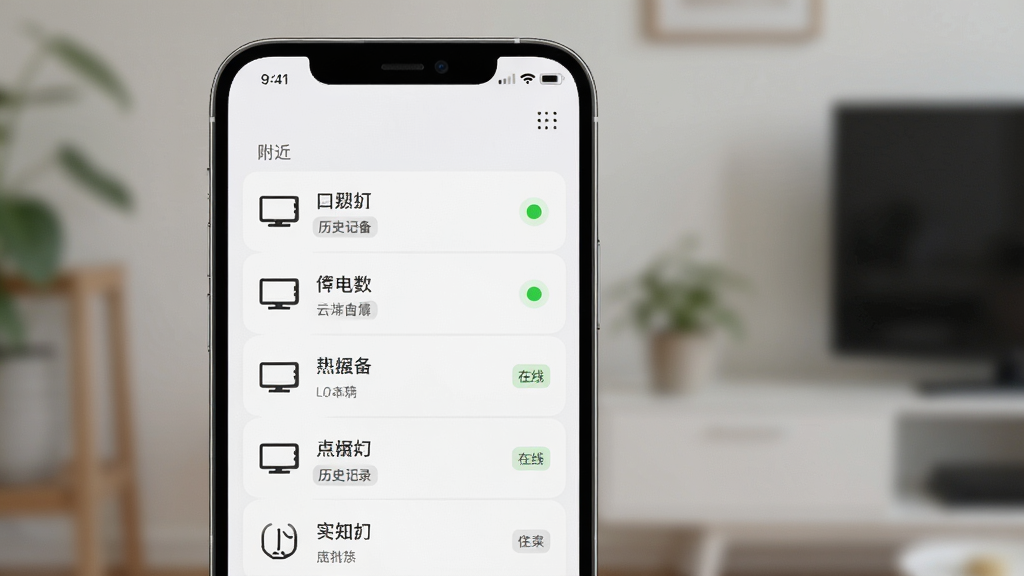 手机电视投屏云助手设备管理界面展示图,主体为手机屏幕显示附近设备列表,布局为垂直列表排版,风格为浅色极简风,细节包含电视图标、设备名称文字、在线状态圆点、历史记录标签,画质清晰,干净,无多余元素