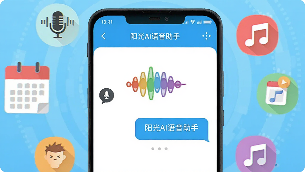 画面中央展示一部安卓手机,手机屏幕上显示“阳光AI语音助手”的对话界面,界面中有彩色声波图标和中文对话气泡;手机周围环绕麦克风、日历、音乐符号等扁平化图标,背景为浅蓝色渐变;整体采用现代科技插画风格,细节清晰,画质干净,构图居中,无多余元素