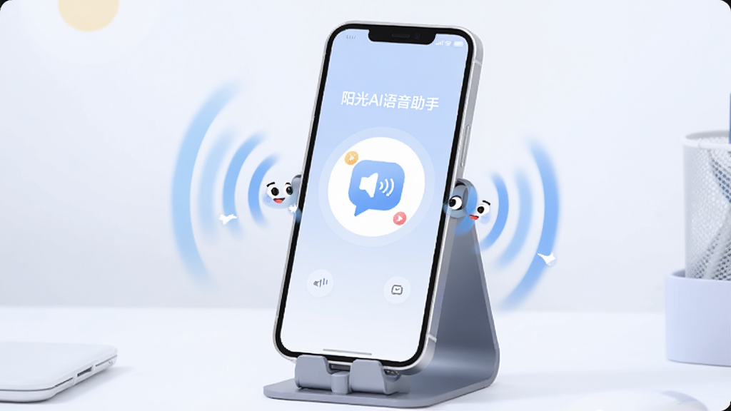 一部手机放置在桌面支架上,屏幕显示“阳光AI语音助手”正在聆听的动画界面,周围有拟人化的声波线条从手机麦克风位置向外扩散;画面采用柔和的蓝白配色,扁平科技风格,主体突出,背景简洁干净,画质清晰无杂乱元素