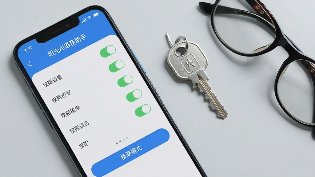 手机屏幕显示“阳光AI语音助手”的设置界面,界面中有权限开关列表和“精简模式”选项按钮;画面采用俯视角度,手机旁放置一把钥匙和一副眼镜,背景为浅灰色桌面;风格简洁实用,细节清晰,画质干净,无多余装饰