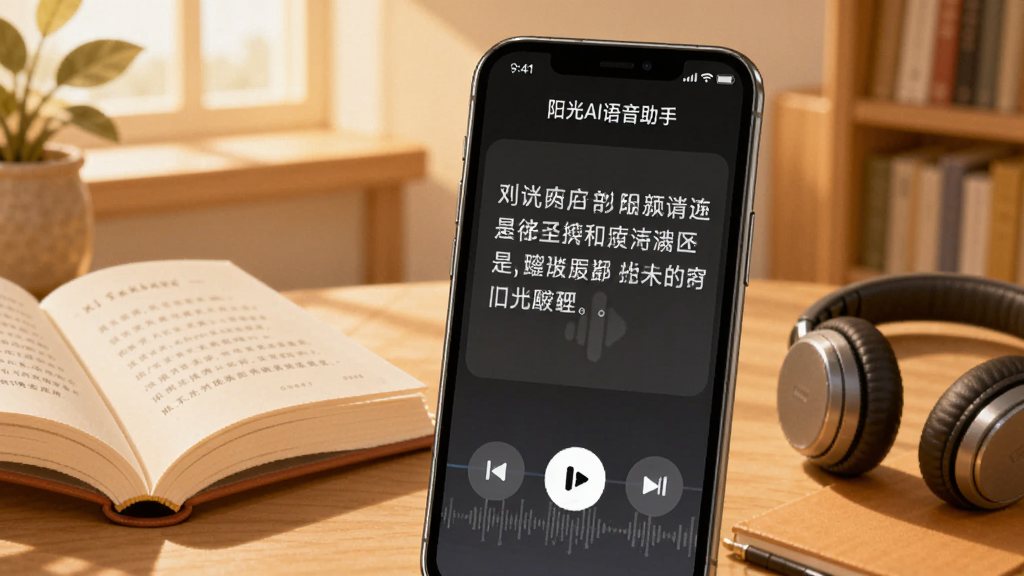 手机屏幕显示“阳光AI语音助手”的文本朗读界面,界面中有正在朗读的中文段落文字和播放控制按钮;手机旁放置一本书和一副耳机,背景为暖色调书房环境;插画风格温馨自然,主体明确,画质干净,排版简洁