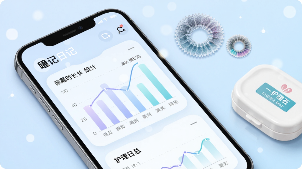 手机屏幕显示“瞳记日记”的佩戴时长统计图表与护理日志界面,图表为柔和的柱状图与折线图,旁边放置一副美瞳与护理盒,背景为浅蓝色渐变,布局为手机斜放特写,风格为清新科技感插画,细节包含半透明图表与圆角卡片,画质高清干净无多余元素