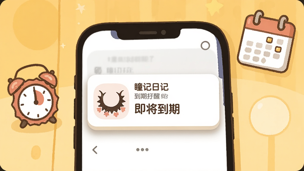手机屏幕弹出“瞳记日记”到期提醒通知卡片,卡片上有美瞳图标与“即将到期”文字,手机旁边有一个小闹钟与日历图标,背景为暖黄色调,布局为手机居中特写,风格为扁平化卡通插画,细节包含柔和的投影与圆角通知框,画质清晰干净无多余元素
