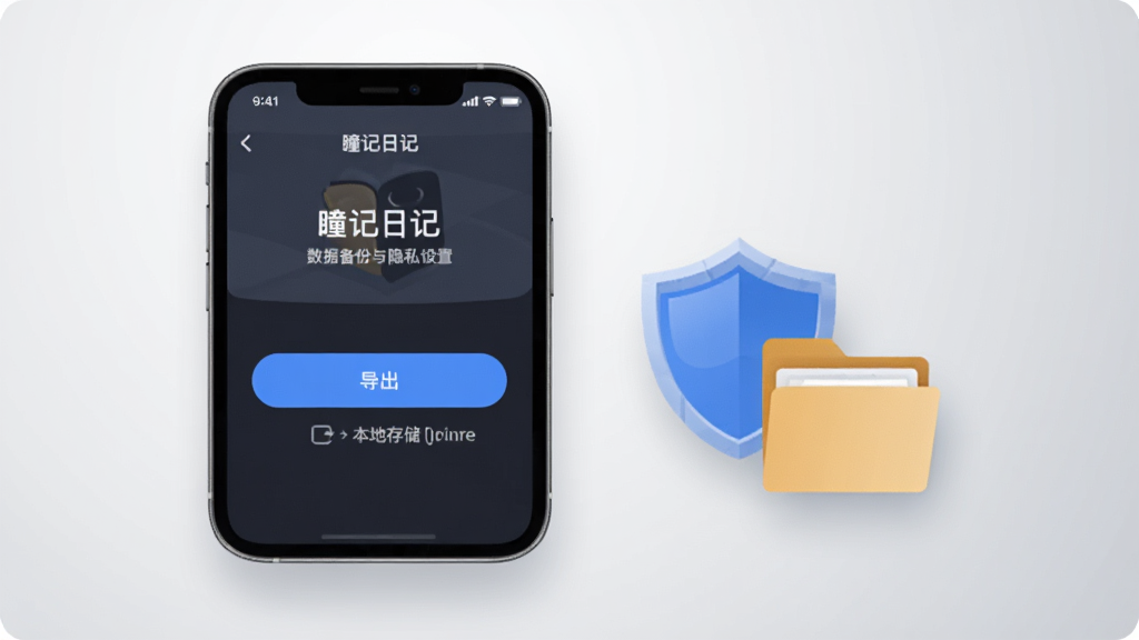 手机屏幕显示“瞳记日记”的数据备份与隐私设置页面,页面中有导出按钮与本地存储标识,手机旁边放置一个盾牌图标与文件夹图标,背景为浅灰色渐变,布局为手机与图标组合构图,风格为简约商务插画,细节包含清晰的图标与柔和阴影,画质高清干净无多余元素