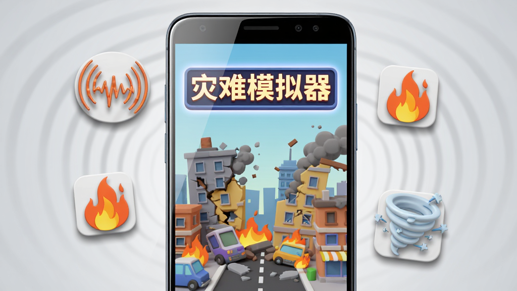 画面为一部竖屏安卓手机特写,手机屏幕中显示卡通城市破坏场景,屏幕上方浮现“灾难模拟器”发光字标,手机周围环绕着地震波纹、火焰与旋风三个小图标,背景为浅灰色渐变,整体为清爽的扁平化3D渲染风格,构图居中对称,细节包含手机边框反光与图标阴影,画质干净锐利,无杂乱背景元素
