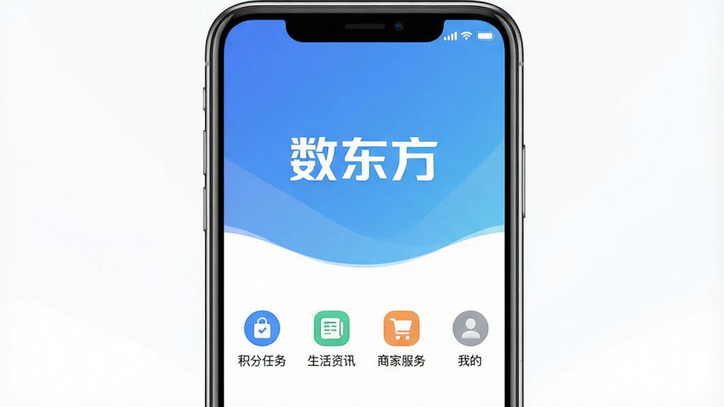 一张展示数东方软件主界面的手机屏幕截图,屏幕中央是软件启动页,背景为蓝白渐变色,页面中央有“数东方”三个字的Logo,下方排列着“积分任务”“生活资讯”“商家服务”“我的”四个功能图标,图标风格扁平化,整体布局简洁,风格清新商务,细节清晰,画质干净,无多余元素