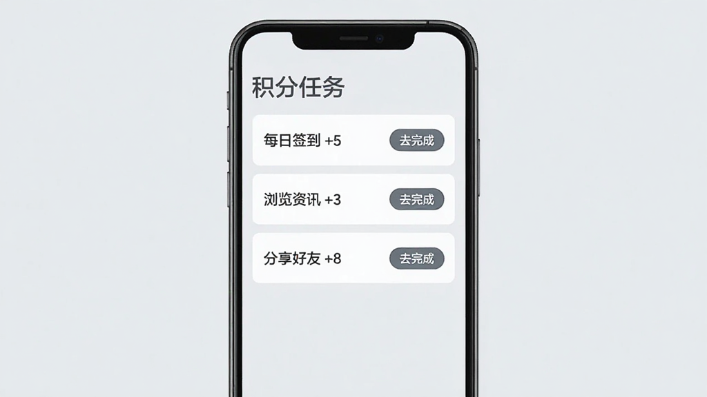一部手机屏幕显示数东方积分任务列表页面,页面顶部有“积分任务”标题,下方依次排列“每日签到 +5”“浏览资讯 +3”“分享好友 +8”等任务条目,每条右侧有“去完成”按钮,整体采用卡片式布局,背景为浅灰色,风格简洁明快,画质清晰,干净无多余元素