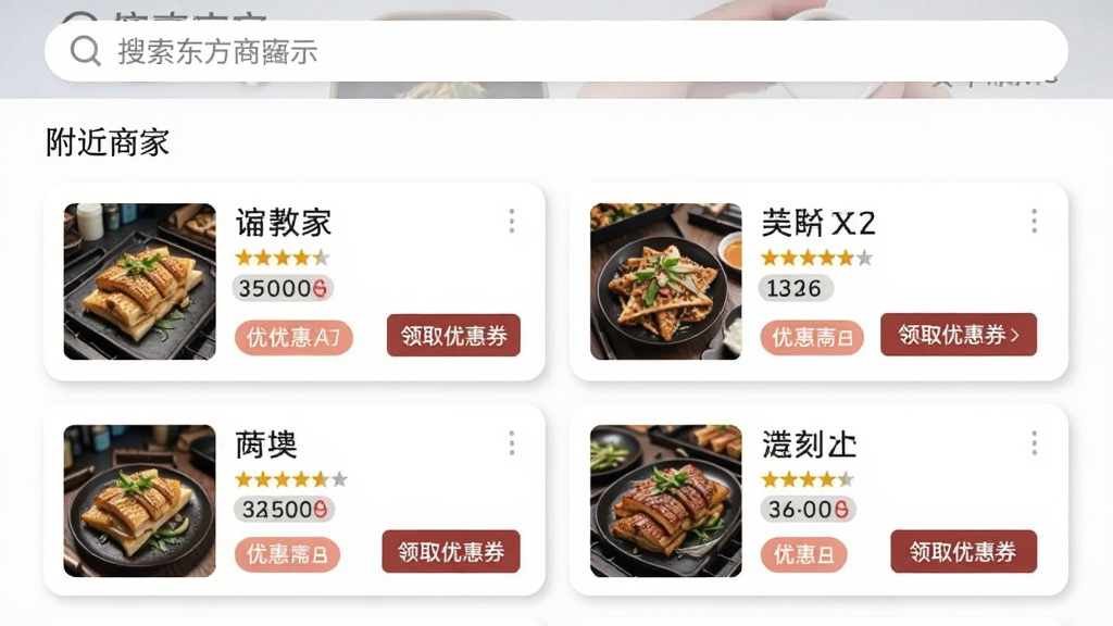 数东方商家服务页面的手机截图,页面顶部搜索栏下方展示“附近商家”列表,每个商家卡片包含店铺名称、评分星级、优惠标签和“领取优惠券”按钮,背景为白色,卡片有轻微阴影,风格清爽素雅,排版整齐,画质干净,无多余装饰