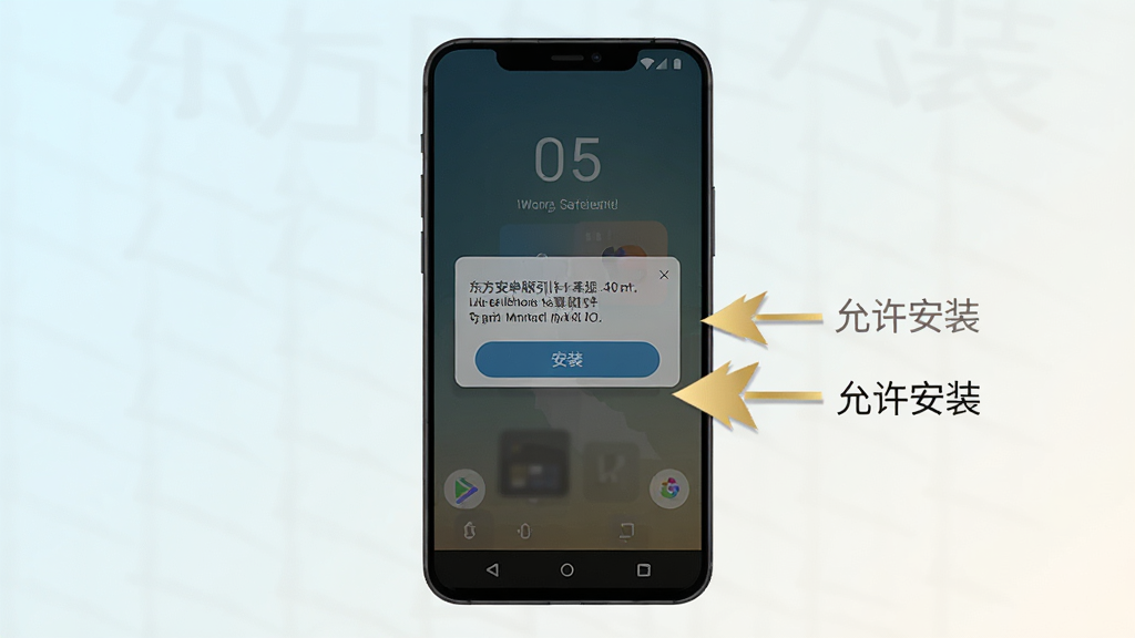 数东方安卓版安装引导页面示意图,画面中一部手机屏幕显示“安装”按钮和权限提示弹窗,旁边有箭头指向“允许安装”选项,背景为浅色渐变,风格简洁教程风,画质清晰,干净无杂乱元素