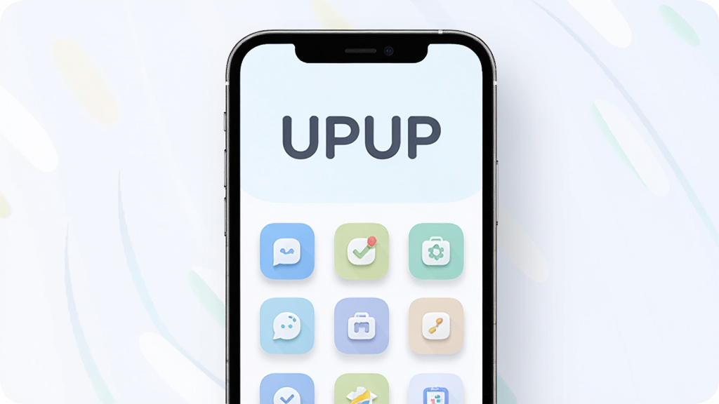 UPUP软件主界面展示,主体为手机屏幕居中放置,布局简洁,上方显示软件名称