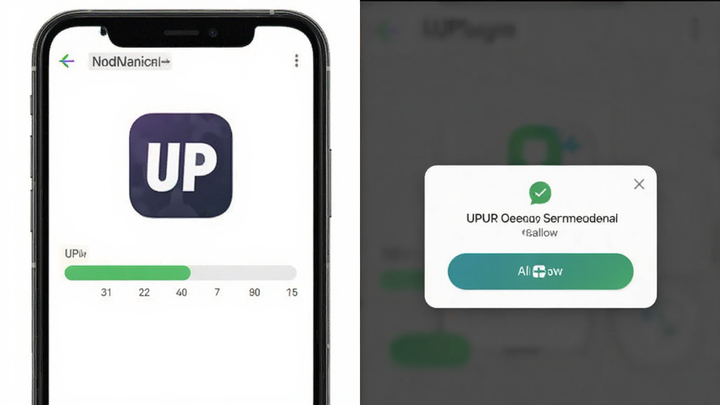 UPUP安卓版安装步骤示意图,主体为手机屏幕显示安装进度条与权限弹窗,布局上下分栏,排版清晰,风格写实界面风,细节包含