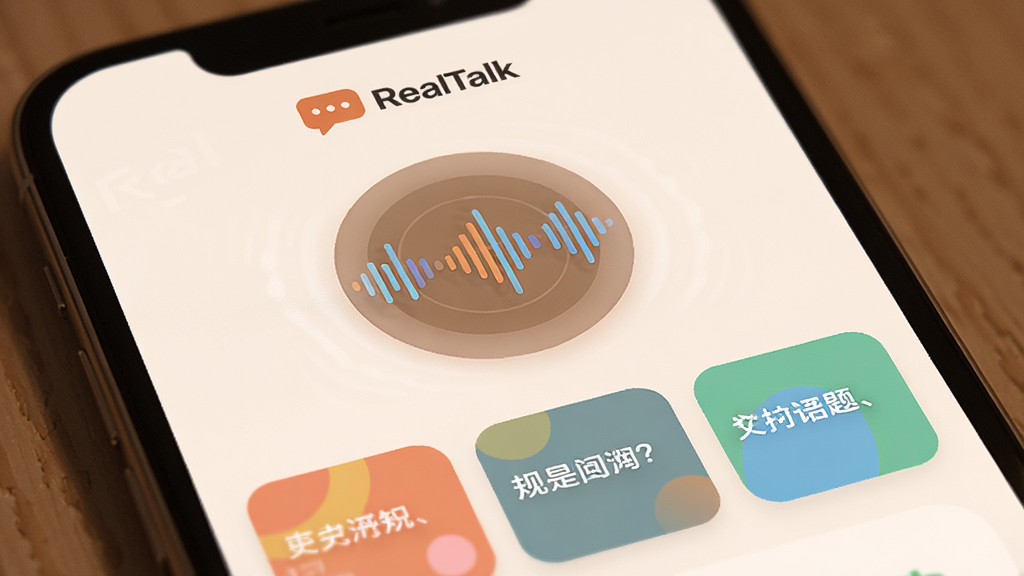 手机界面特写,屏幕显示RealTalk语音通话中的房间页面,中央有圆形声波动态效果,下方排列三张彩色话题卡片,卡片上写有简短问句,顶部显示“RealTalk”标识,整体风格柔和圆角,配色温暖,画质清晰,无杂乱元素