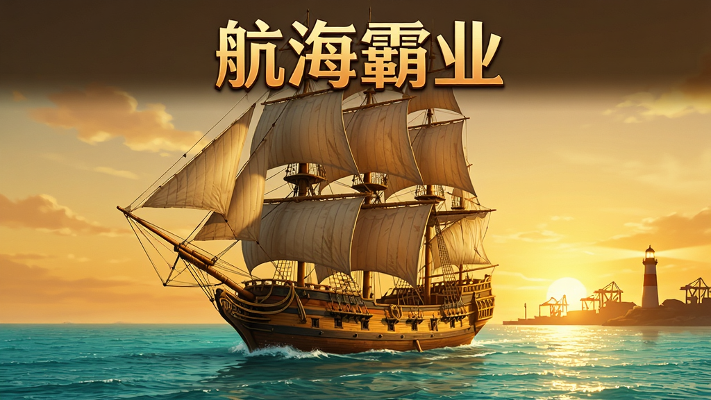 主体是一艘扬帆起航的三桅帆船航行在碧蓝海面上,布局采用中心构图帆船居中远景为金色夕阳下的港口剪影,排版上方留白用于放置游戏标题,风格为写实航海题材插画色调温暖偏琥珀色,细节包括船帆上的绳索纹理海面波光与远处灯塔,画质高清干净无多余元素画面中打文字“航海霸业”