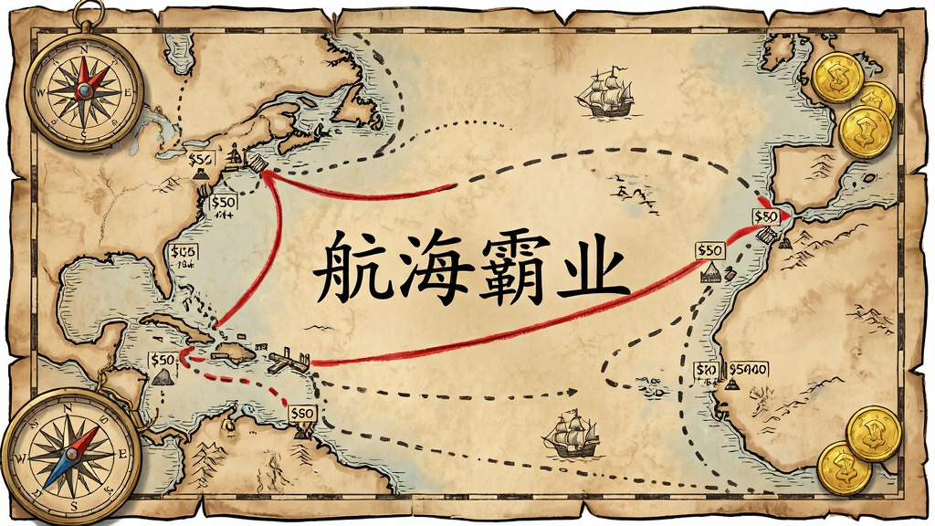 主体是一张铺开的羊皮纸航海地图上面标注了多个港口城市与虚线航线,布局为俯视视角地图占满画面四周点缀罗盘与金币,排版地图中央用红色标记标出高利润贸易路线,风格复古航海图手绘质感,细节包括海岸线纹理港口图标与价格标签,画质清晰干净无多余元素画面中打文字“航海霸业”