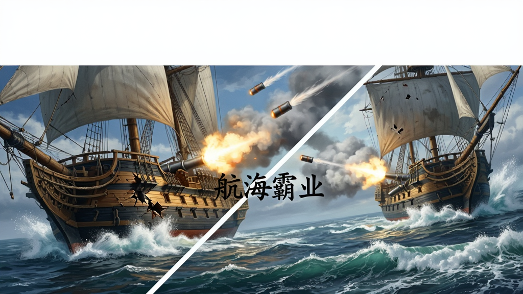 主体是两艘帆船在海上交战的瞬间炮火与浪花飞溅,布局为动感对角线构图左侧己方船只右侧敌方船只,排版画面顶部留白,风格写实海战场景插画,细节包括炮弹轨迹船体破损与海面泡沫,画质高清干净无多余元素画面中打文字“航海霸业”