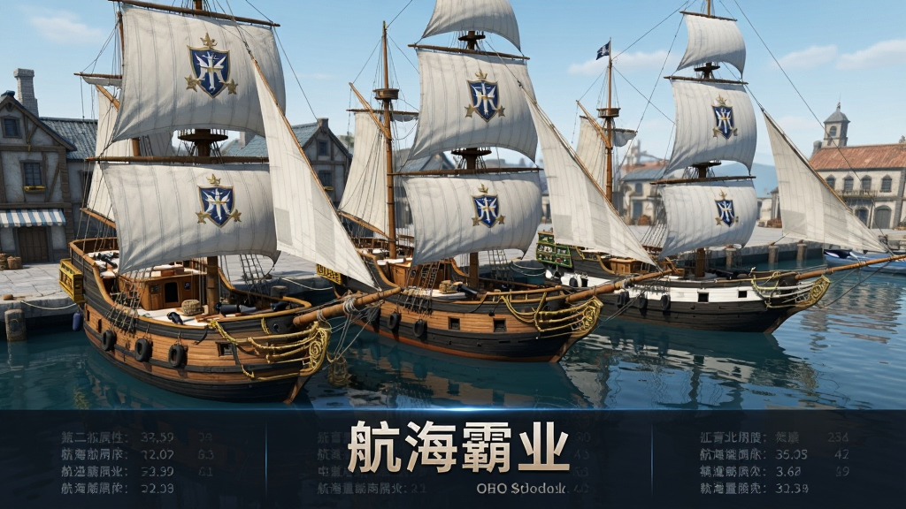 主体是一支由三艘不同型号帆船组成的舰队停泊在港口码头,布局为斜侧视角舰队从左至右排列背景是繁忙的港口建筑,排版画面下方留出空间展示船只属性信息,风格写实游戏宣传图质感,细节包括船体木纹炮门与船帆徽章,画质高清干净无多余元素画面中打文字“航海霸业”