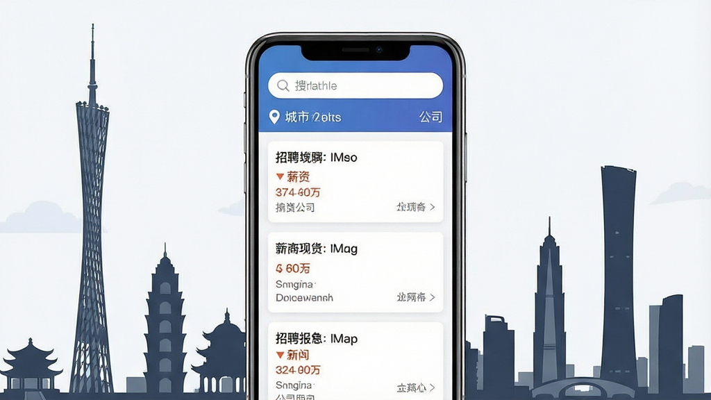 一张展示广州招聘网手机应用界面的场景图,画面中央是一部竖屏智能手机,屏幕内显示招聘岗位列表页面,顶部有搜索框和城市定位标识,岗位卡片整齐排列,包含职位名称、薪资范围和公司名称,手机周围环绕着广州地标建筑剪影如广州塔和珠江新城楼群,整体布局简洁明快,风格为现代扁平化设计,细节上突出手机屏幕的高清质感和界面层次,画质清晰干净,无多余装饰元素