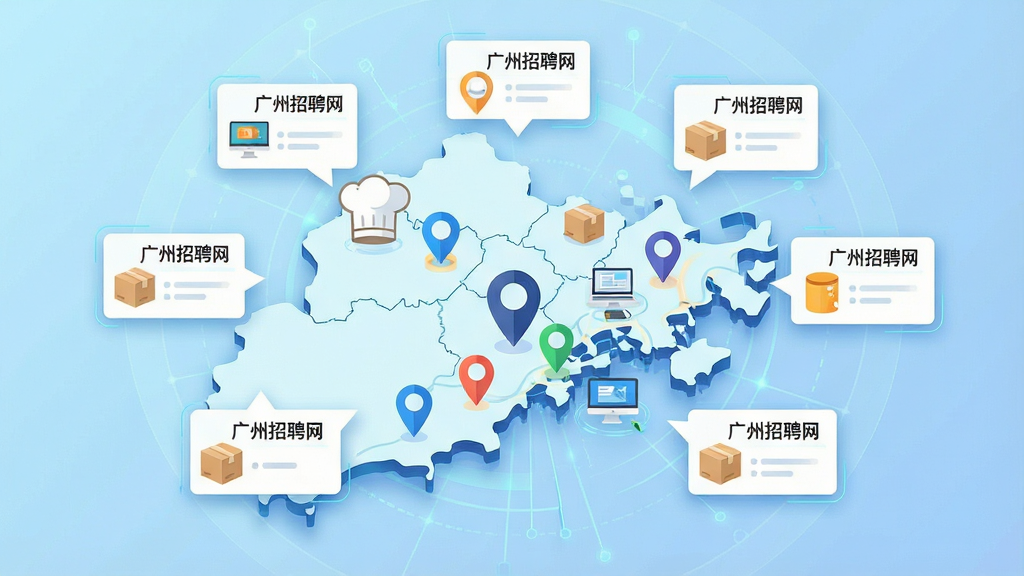一张表现广州招聘网本地岗位聚合功能的AI生图,画面主体为一张广州地图的抽象化设计,地图上分布着多个彩色定位图钉,每个图钉旁弹出小型岗位卡片,卡片上写有“广州招聘网”字样,地图背景为淡蓝色渐变,整体布局呈中心放射状,风格为科技感扁平插画,细节上加入岗位图标如厨师帽、快递箱、电脑等元素,画质高清干净,无杂乱背景