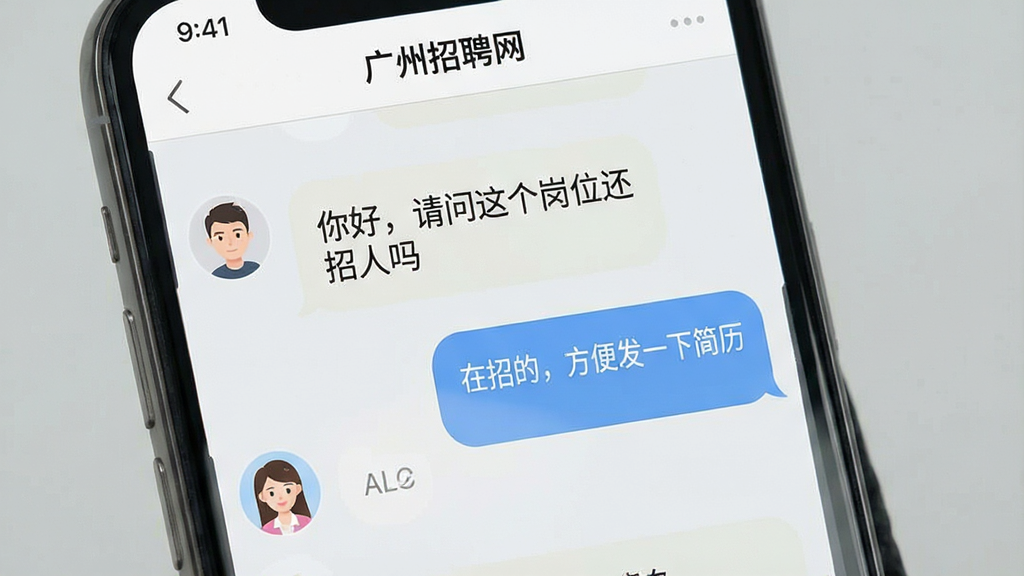 一张展示广州招聘网即时沟通功能的场景图,画面为手机聊天界面特写,对话框内显示求职者与招聘方的对话内容,包含“你好,请问这个岗位还招人吗”和“在招的,方便发一下简历吗”等文字气泡,聊天背景为浅灰色,界面顶部显示“广州招聘网”应用名称,整体布局为竖屏手机视角,风格为写实UI界面展示,细节上突出聊天气泡的圆角设计和头像图标,画质清晰干净,无多余元素