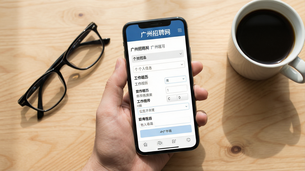 一张展示广州招聘网新手使用场景的AI生图,画面为一只手拿着手机,手机屏幕显示广州招聘网简历填写页面,页面内有个人信息、工作经历等表单字段,手机旁边放置着一副眼镜和一杯咖啡,背景为简洁的木质桌面,整体布局为俯视视角,风格为生活化写实摄影感,细节上突出手机屏幕的清晰度和桌面物品的自然光影,画质干净明亮,无多余杂物