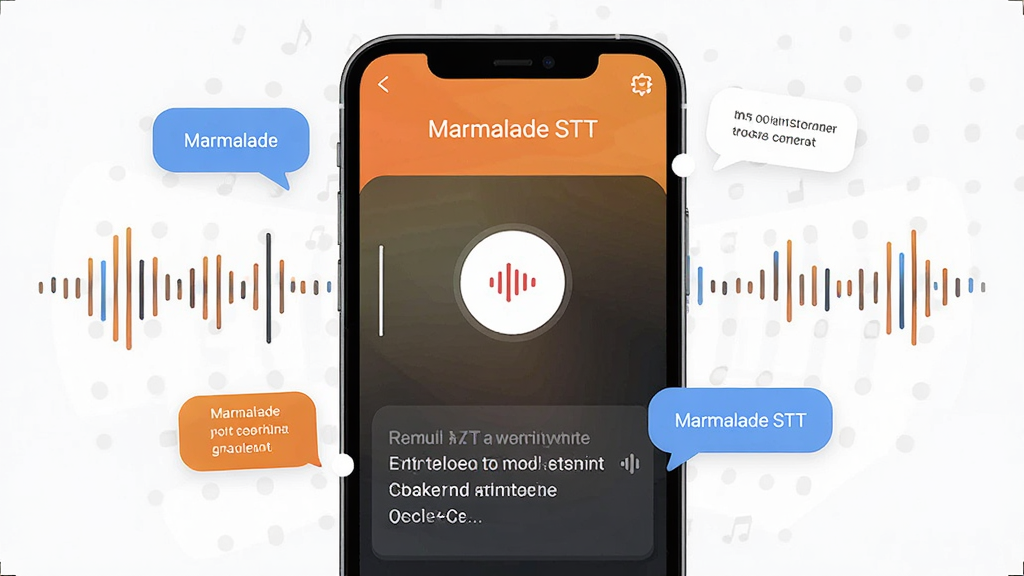 一张展示 Marmalade STT 软件主界面的手机屏幕效果图,画面中央是简洁的语音录制按钮与实时转写文字区域,周围环绕声波与文字气泡元素,布局清晰,风格现代扁平化,细节干净,画质高清,无多余元素