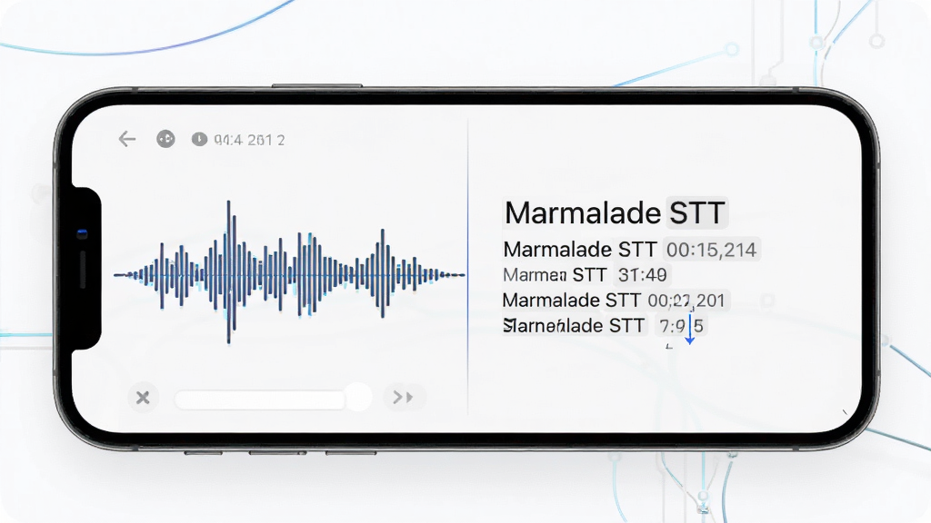 Marmalade STT 实时语音转写功能展示图,主体为手机界面中声波输入与文字同步出现的对比布局,排版左声波右文字,风格清爽科技感,细节包含时间戳与编辑光标,画质清晰,干净无多余元素