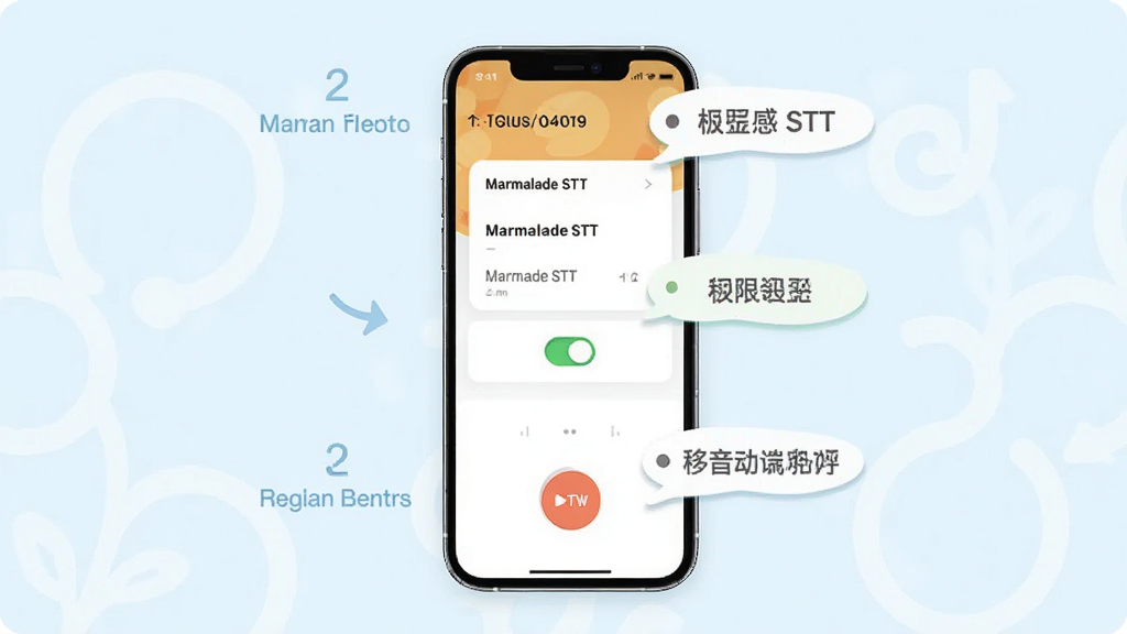 Marmalade STT 移动端使用操作示意图,主体为手机屏幕中权限设置与录音按钮的步骤展示,布局分三步纵向排列,风格清新浅色,细节包含权限开关与提示气泡,画质清晰,干净无多余元素