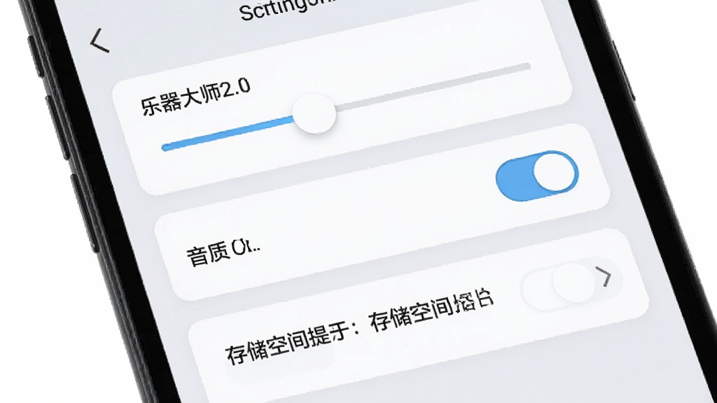 手机屏幕显示乐器大师2.0的设置界面,界面中包含按键大小调节滑块、音质切换开关与存储空间提示条,整体采用浅色卡片式布局,风格清爽,画质清晰,画面干净整洁