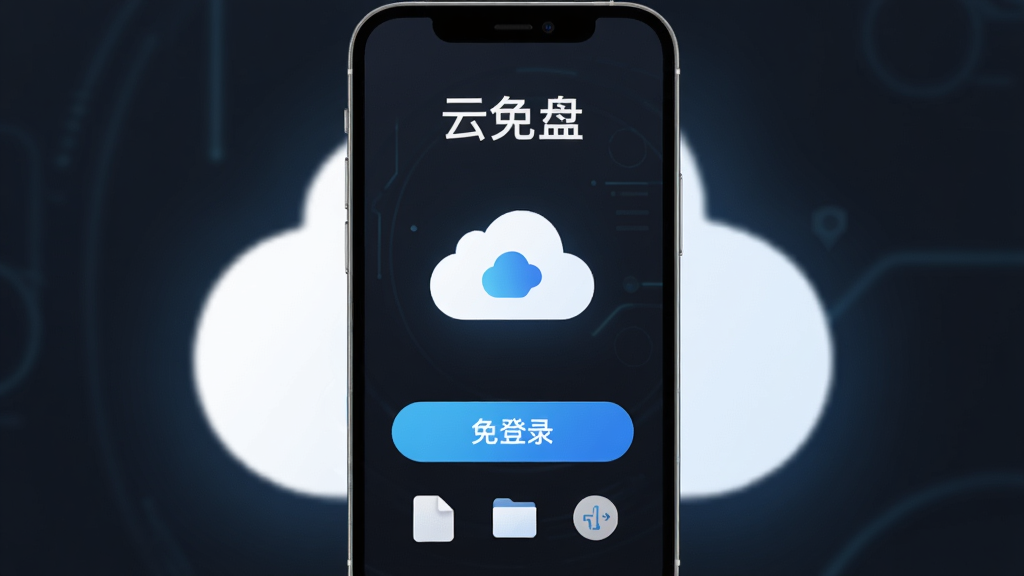 “云免盘”应用启动界面,主体为手机屏幕显示免登录进入按钮与云朵图标,布局为竖向手机界面居中,排版上方为软件名称下方为功能入口,风格为清爽浅色科技风,细节包含“免登录”文字标识、文件图标、简洁背景,画质高清,画面干净,无多余元素