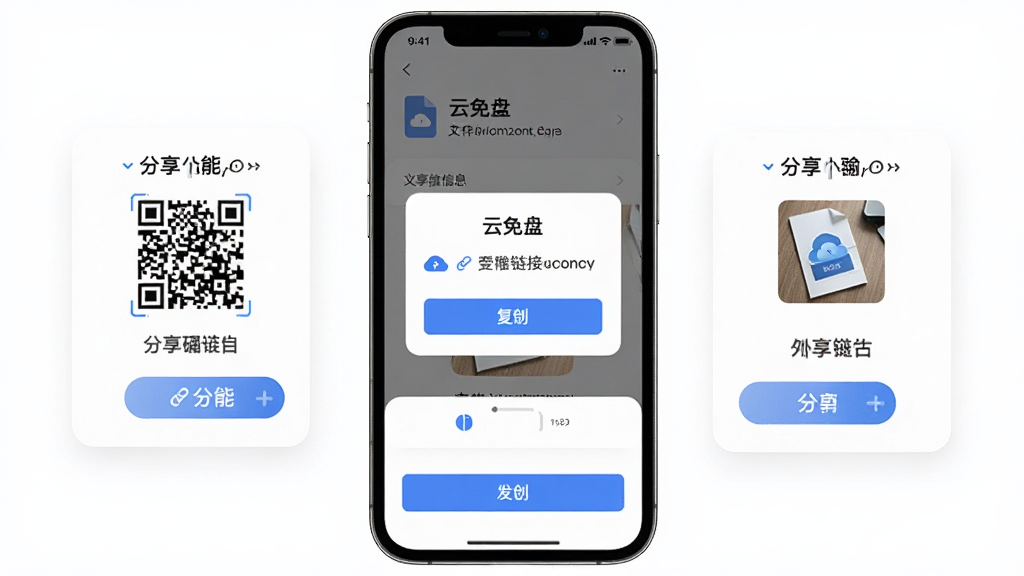 “云免盘”外链分享功能界面,主体为手机屏幕展示分享链接弹窗与复制按钮,布局为居中手机展示配合浮动分享卡片,排版上方文件信息下方操作按钮,风格为简约商务风,细节包含链接图标、二维码、复制按钮、文件缩略图,画质高清,画面干净,无多余元素
