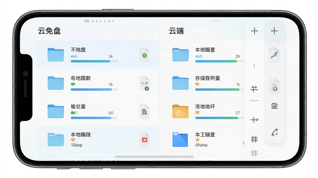 “云免盘”文件管理主界面,主体为手机屏幕显示本地与云端双栏文件列表,布局为左右分栏或上下分区排版,风格为清新浅色工具风,细节包含文件夹图标、文件类型标识、存储容量条、操作菜单,画质高清,画面干净,无多余元素