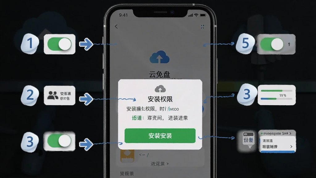 “云免盘”新手安装操作示意图,主体为手机屏幕展示安装权限弹窗与进度条,布局为居中手机配合步骤编号,风格为清晰教程风,细节包含权限开关、安装按钮、步骤箭头,画质高清,画面干净,无多余元素