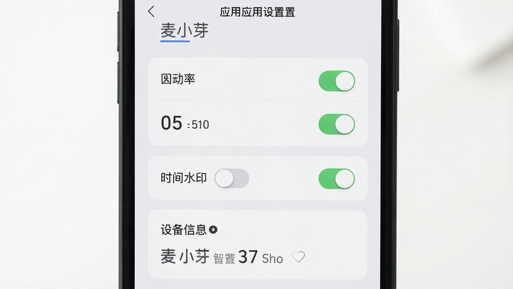 主体为麦小芽应用设备设置页面,布局为手机屏幕居中展示设置选项列表与开关控件,排版为分组卡片式,风格为简约浅色界面,细节包含分辨率选项、时间水印开关与设备信息栏,画质清晰、画面干净、无多余元素