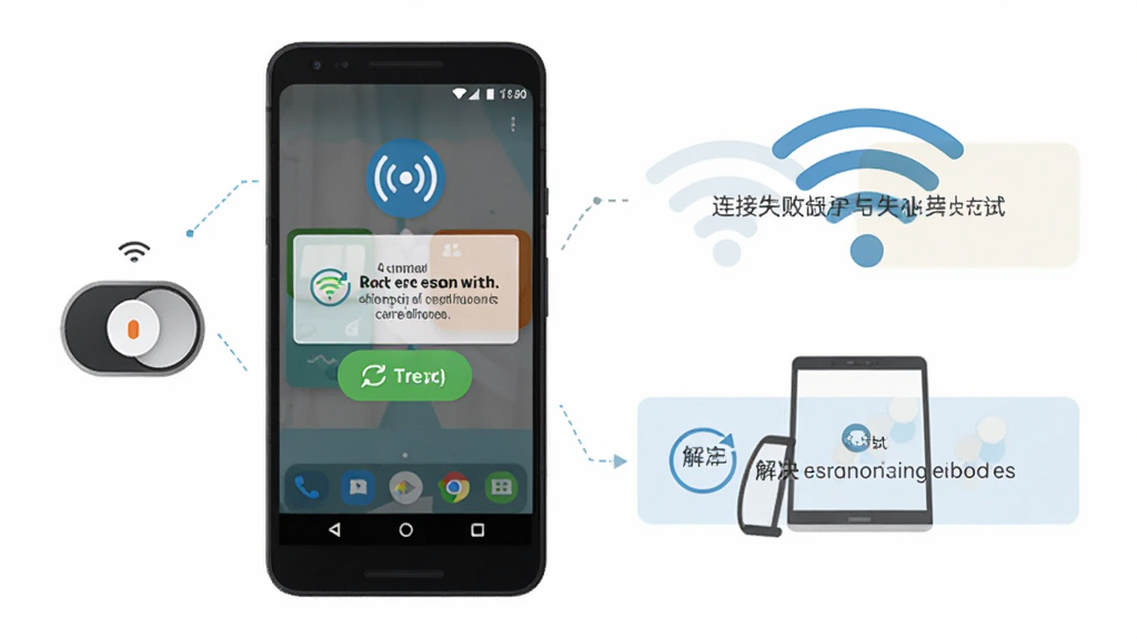 主体为一部安卓手机显示麦小芽应用连接失败提示与解决步骤说明,布局为手机屏幕居中、旁边配简洁的WiFi与设备图标示意,排版为左右结构,风格为扁平化信息图,细节包含网络开关图标、重试按钮与文字提示框,画质清晰、画面干净、无多余元素