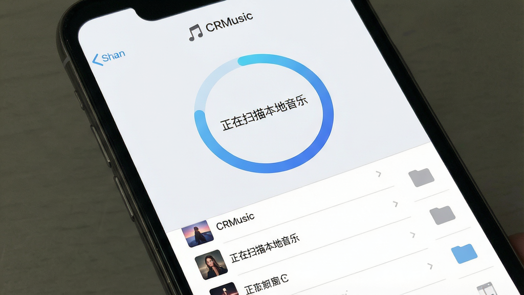 一张软件功能展示图,画面主体是一部手机屏幕,屏幕中显示“CRMusic”扫描本地音乐文件的进度界面,中央有圆形进度环和“正在扫描本地音乐”文字,下方列出若干歌曲条目与文件夹图标,布局为上下结构,风格为清爽浅色扁平设计,细节上进度环带蓝色渐变,列表条目有分隔线,画质清晰干净,无多余元素