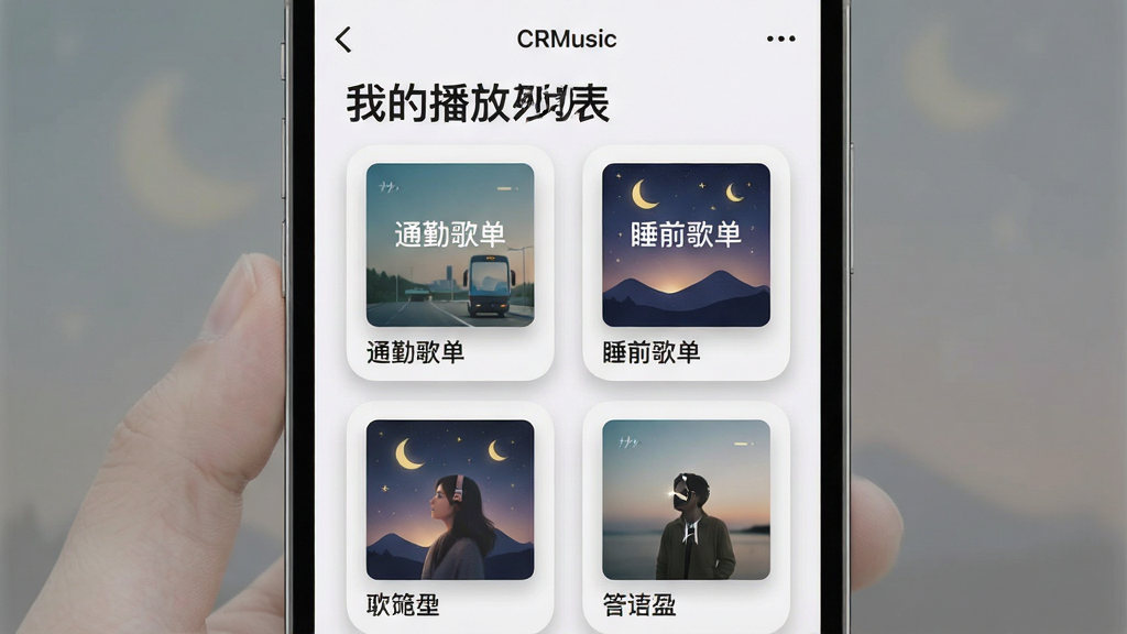 一张软件功能展示图,画面为手机屏幕中的“CRMusic”播放列表管理界面,屏幕上方显示“我的播放列表”标题,中部排列多个带封面缩略图的歌单卡片,卡片上有“通勤歌单”“睡前歌单”等文字标签,布局为两列网格排列,风格为柔和圆角卡片设计,细节上卡片带浅灰底色与轻微投影,画质清晰干净,无多余元素