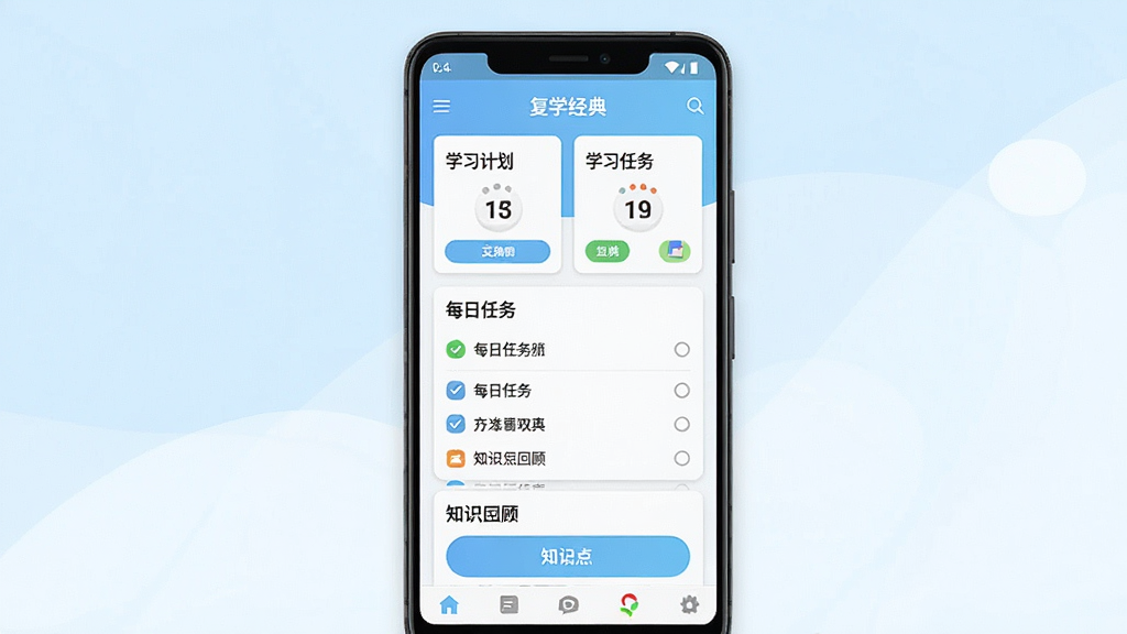 һ���ֻ�Ӧ�ý���չʾͼ������������һ��������׿�ֻ�����Ļ����ʾ����ѧ���䡱Ӧ����ҳ������ѧϰ�ƻ���Ƭ��ÿ�������б���֪ʶ��ع���ڣ�����Ϊǳ�����ɫ�������ˬ��񣬲��ּ������ϸ������չʾ��ť��ͼ�꣬���ʸɾ����޶���Ԫ��