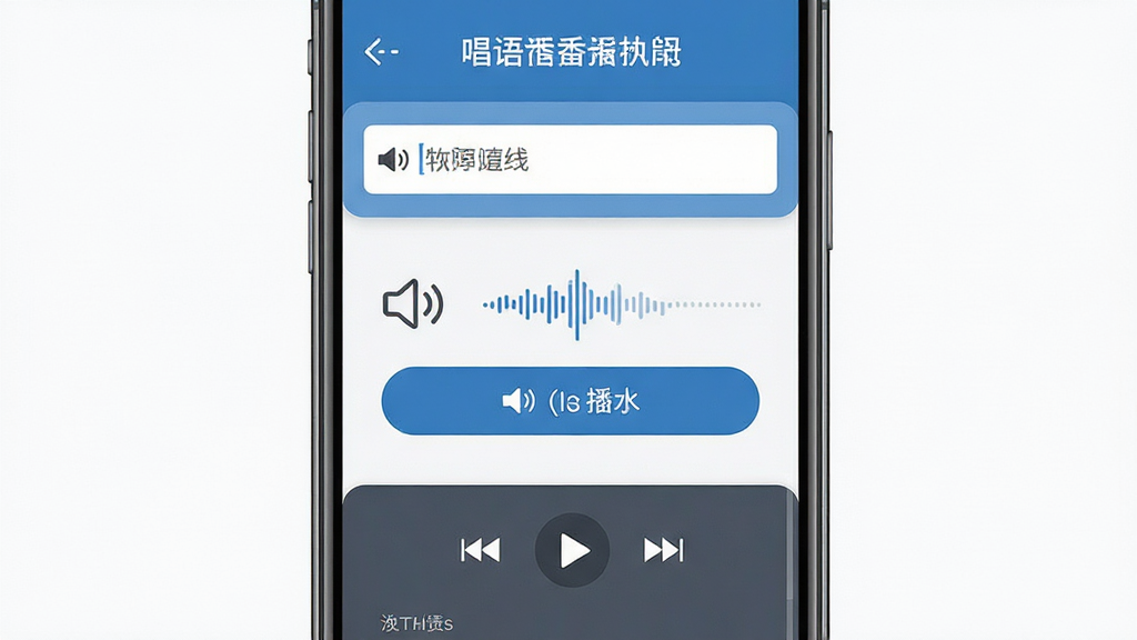 主体为一部智能手机居中放置,屏幕显示唱语语音播报软件主界面,界面中包含文本输入框与语音播报按钮;布局采用上下分层,上部为软件标题区域,中部为功能操作区,下部为设置选项区;排版简洁清晰,风格为现代扁平化设计,细节包含扬声器图标、波形动画与播放控制按钮,画质高清,画面干净,无多余元素