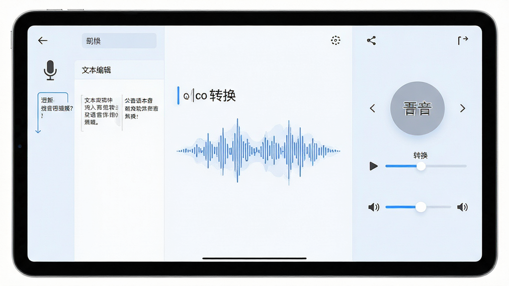 主体为唱语语音播报软件的功能展示界面,画面中央放置一台平板设备,屏幕内呈现文字输入与语音波形转换的示意图;布局为左右分栏,左侧为文本编辑区,右侧为语音播放控制区;风格为清爽浅色科技风,细节包含麦克风图标、播放进度条与音量调节滑块,画质清晰,画面干净,无多余元素