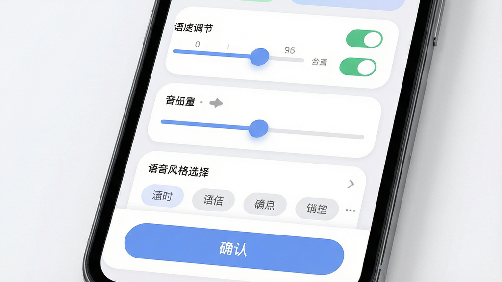 主体为唱语语音播报软件的设置界面特写,画面以手机屏幕为主体,屏幕内展示语速调节滑块、音量控制条与语音风格选择列表;布局为纵向排列,上部为参数调节区,下部为确认按钮;风格为柔和圆角卡片式设计,细节包含数值刻度、开关按钮与图标标识,画质高清,画面干净,无多余元素