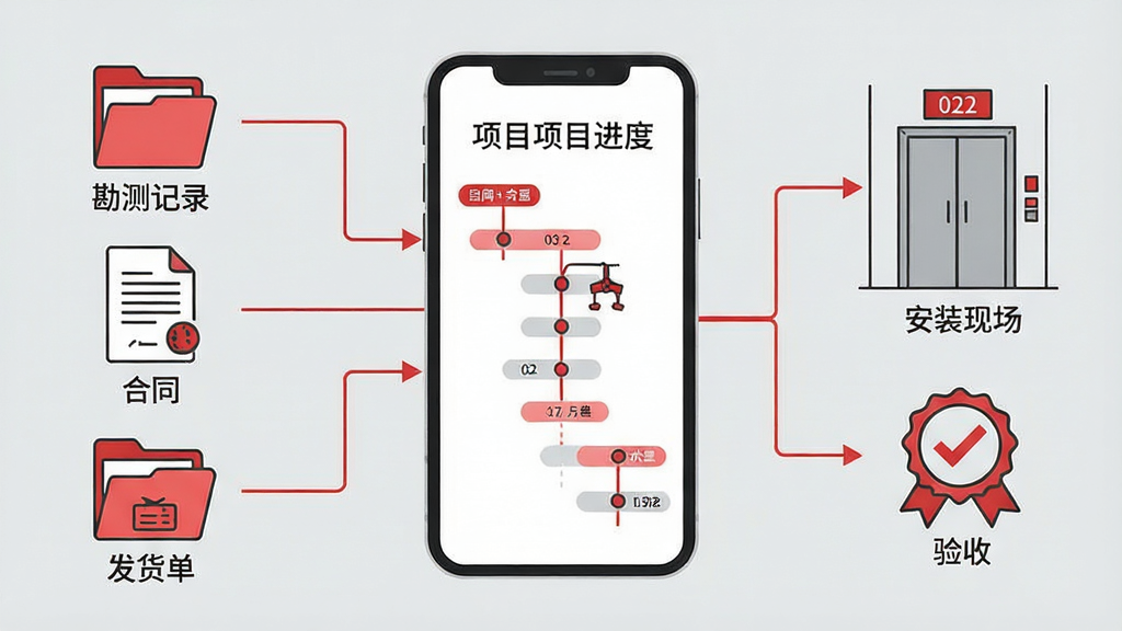 一幅横向构图的商务流程示意图,画面中央是一部手机屏幕显示项目进度时间轴,左侧延伸出勘测记录、合同文档、发货单等图标,右侧连接电梯安装现场与验收标识,整体采用简约商务插画风格,配色为浅灰底搭配红色点缀,布局左右对称、视觉动线清晰,细节处体现文件夹与楼层数字元素,画质干净利落,无杂乱背景