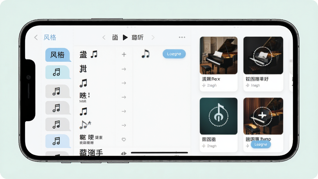 自动弹琴软件曲谱选择界面,画面中央是手机屏幕显示丰富的曲谱分类列表,左侧为风格标签栏,右侧为曲目卡片,布局为左右分栏排版,风格为清新浅色系UI设计,细节包含音符图标和加载按钮,画质清晰,干净,无多余元素