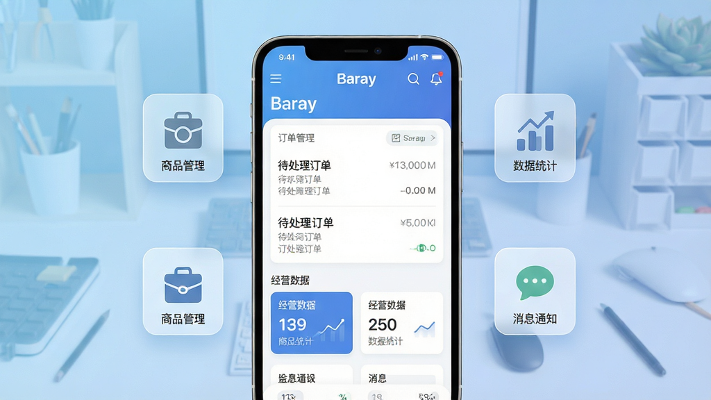 一张展示Baray商家软件界面的手机应用场景图,画面中央是一部竖屏智能手机,屏幕上显示Baray商家APP的订单管理首页,包含待处理订单列表和经营数据卡片,手机两侧漂浮着半透明的图标元素代表商品管理、数据统计和消息通知,背景为浅蓝色渐变的工作台场景,风格简洁现代,细节清晰,画质干净高清,无多余装饰元素