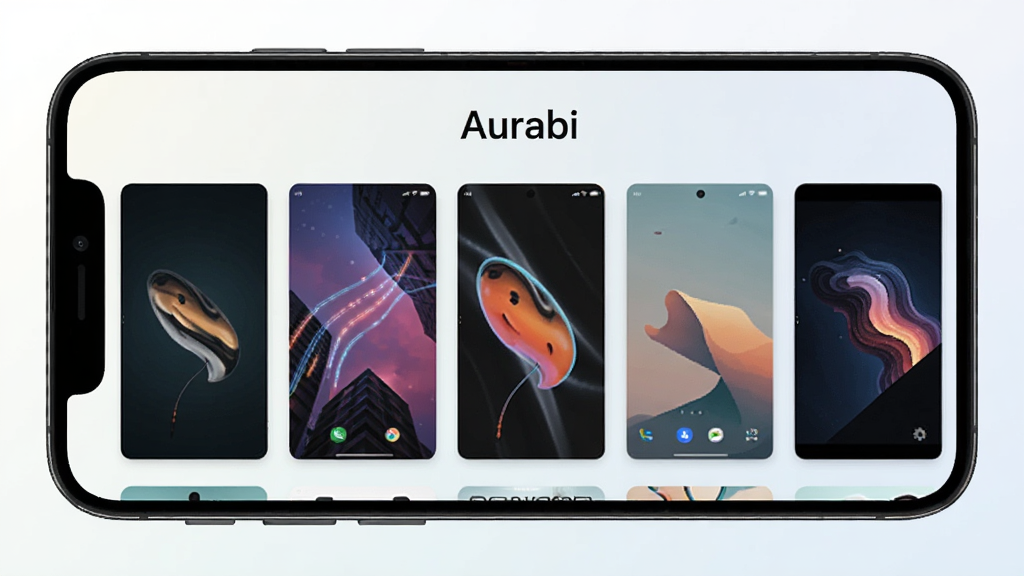 Aurabi 软件主界面展示,手机屏幕中央排列多张不同风格的壁纸缩略图,界面简洁清爽,顶部有软件名称 Aurabi 字样,整体采用浅色渐变背景,风格现代简约,细节清晰,画质干净,无多余元素