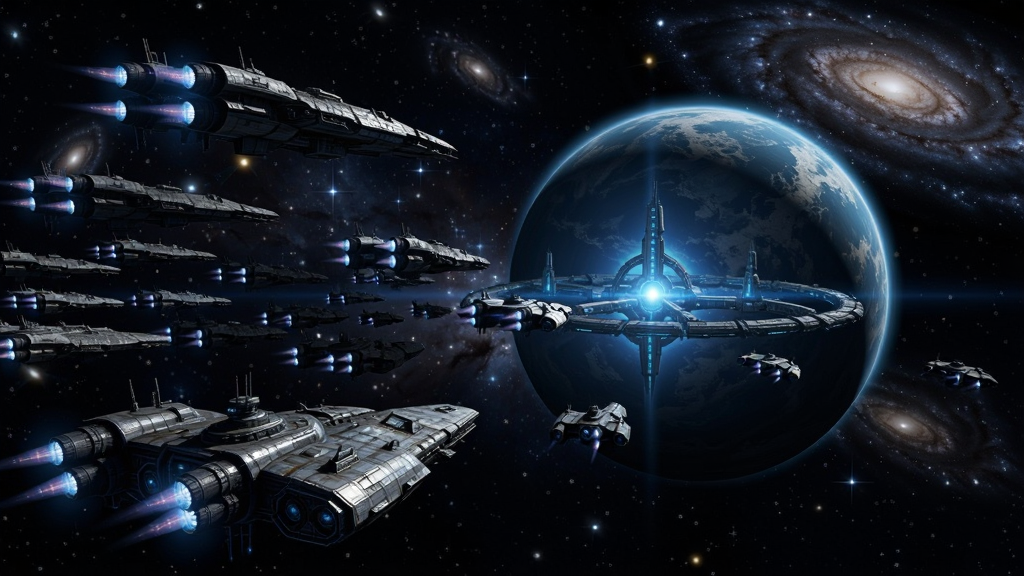 浩瀚宇宙星空背景下一支科幻舰队整齐列阵,中央是一颗发光的蓝色星球基地,画面布局为横向宽幅构图,左侧为舰队特写右侧为星球全景,风格为写实科幻游戏宣传图,细节包含舰船金属质感、引擎光焰、星云粒子与远处星系旋臂,画质高清干净无多余元素,画面中不出现文字