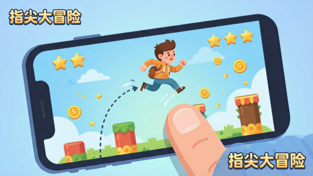 一只卡通手指轻轻点击手机屏幕,屏幕内角色随之弹跳越过障碍物,画面采用明快的扁平插画风格,主体为手指与手机屏幕的互动特写,布局居中,背景为柔和的渐变蓝色,细节包括跳跃轨迹虚线、金币粒子与关卡星星,画质清晰干净,画面角落标注“指尖大冒险”字样