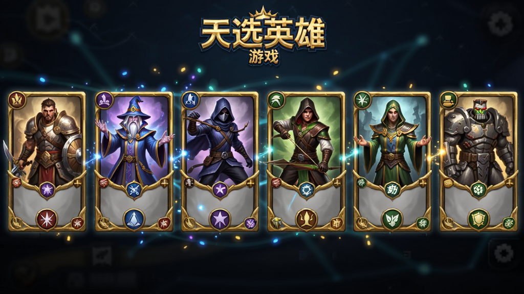 画面主体为六张并排竖立的英雄卡牌,卡牌上分别绘制战士、法师、刺客、射手、辅助、坦克六种职业的传奇风格角色,卡牌之间用发光线条连接形成羁绊网络,布局为横向一字排开、上方悬浮天选英雄游戏名称,风格为卡牌收集类游戏界面风,细节包括卡牌金边、职业图标、连接光线粒子,画质高清、干净、无多余元素