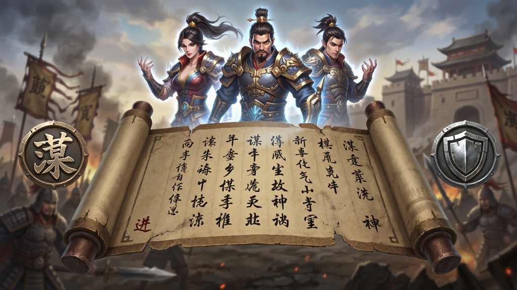 画面中央为一张展开的古代谋略卷轴,卷轴上方悬浮天选英雄游戏中的三位英雄虚影,卷轴两侧分别绘制进攻与防守两种谋略图标,背景为战场硝烟与城池轮廓,布局为卷轴居中、英雄虚影在上、图标分列左右,风格为东方传奇谋略风,细节包括卷轴纸纹、毛笔字迹、图标金属质感,画质高清、干净、无多余元素